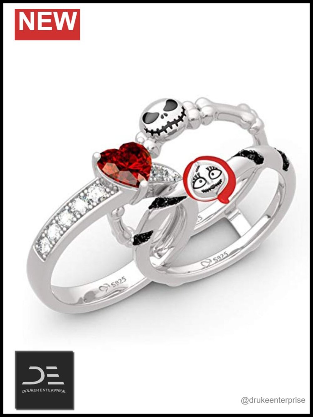 Sterling Silver Skull Couple Heart Cut Ring Set Engagement Wedding